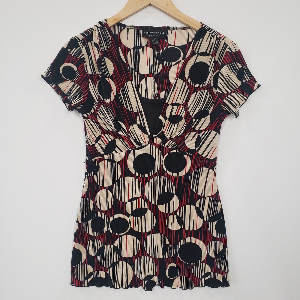 Connected Petite Blouse Womens 6P Geometric Pleated V Neck Top Y2K‎ Artsy Retro